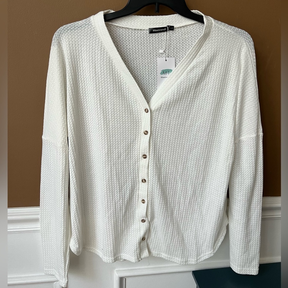 Meetrendi Women's White Cardigan Waffle Knit Sweater Size L Brand New